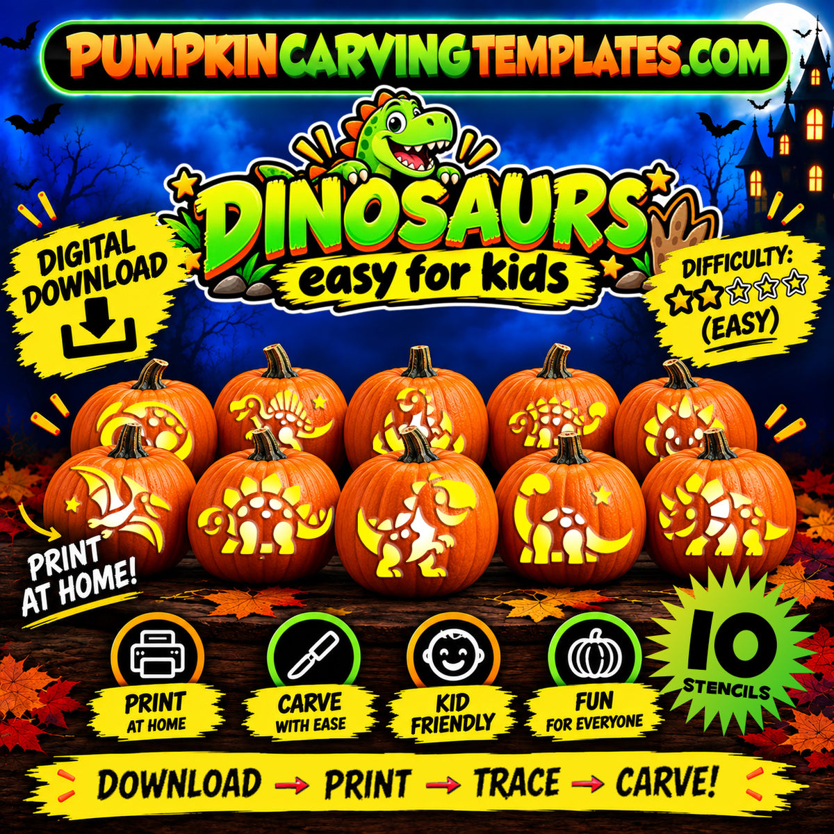 DINOSAURS EASY KIDS BUNDLE PUMPKIN CARVING TEMPLATE DIGITAL DOWNLOAD